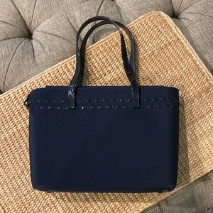 Vintage Stuart Weitzman navy blue crepe handbag with patent leather details. Wow